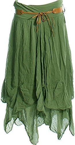 Ladies Hi Waisted Cotton Skirt Festival Belted Boho Gypsy Tiered Asymmetric Hitched Hem Long Maxi Skirt Festiva (Large (12 14), Khaki)