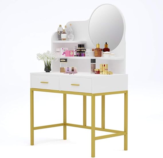 Tribesigns Schminktisch mit Rund Spiegel, Frisertisch 2 Schubladen und