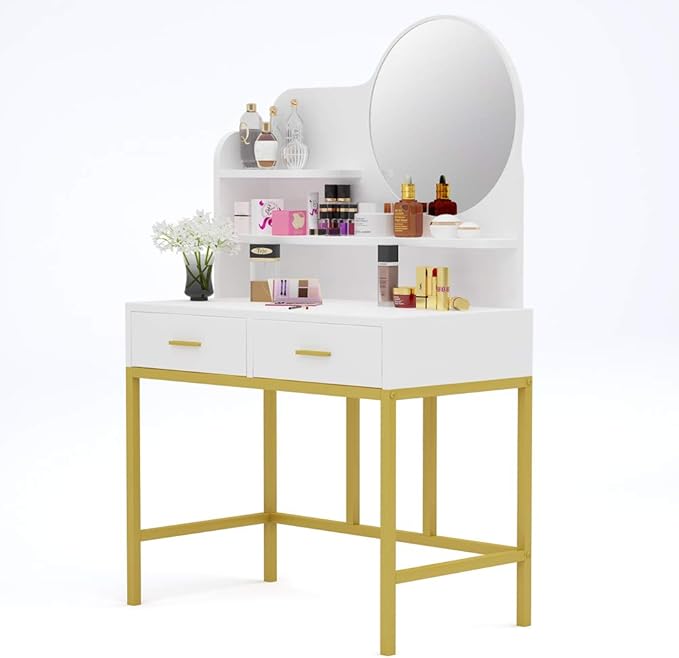 Tribesigns Schminktisch mit Rund Spiegel, Frisertisch 2 Schubladen und