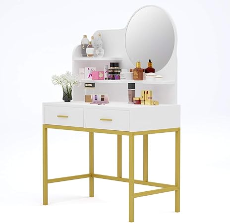 Tribesigns Schminktisch mit Rund Spiegel, Frisertisch 2 Schubladen und