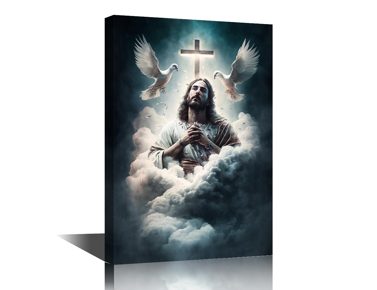 Bedroom Decor Wall Art Jesus Praying on a Cloud Wall Decor 1 Piece God Jesus Posters and Prints Religious Belief Wall Decoration for Living Room Office Bedroom Framed Ready to Hang (16''Wx 24''H)