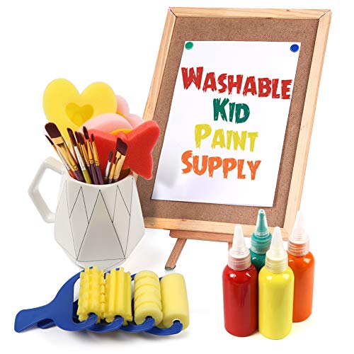 BigOtters Painting Tool Kits, 34PCS Kids Washable Paint Brushes Set Finger Paints Sponges Supply for School Prizes Art Party Gift