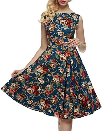 Vinchou Women's Boatneck Sleeveless Vintage Fit and Flare Rockabilly Floral Dress (Blue peny, Medium)