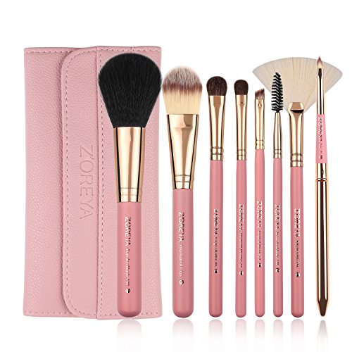 Zoreya 8Pcs Travel Makeup Brushes Set Synthetic Hair Blush Contour Powder Foundation Cosmetics Brushes For Eyes And Face Halloween Makeup With Pink PU Leather Case As Christmas Gifts