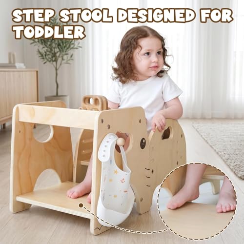 Lehoo Castle Toddler Table and Chair Set for 1-3 Years Boys Girls | 3-Level Adjustable Chair, Wooden Kid Desk with Shelf & Hook, Montessori Weaning Eating Playing Table, Easy Assemble, Elephant