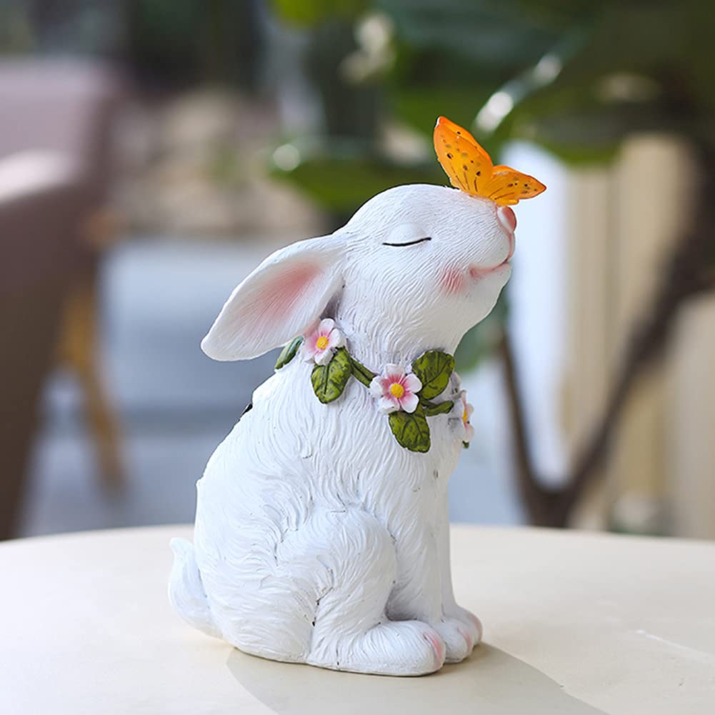 BomKra Garden Ornaments Outdoor Statue Solar Light, Garden Decoration Gifts, Resin Animal Figurine Ornament for Courtyard, Lawn, Patio, Sill, Balcony, Yard (04-White Rabbit)