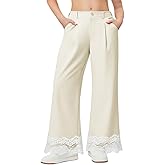 Girls Wide Leg Pants Kids Fashion Lace Hem Elastic Waist Uniform Pants Slacks with Pockets 5-14 Years
