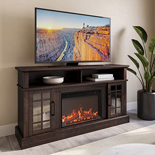 BELLEZE Traditional 58 Inch Rustic Electric Fireplace TV Stand & Media