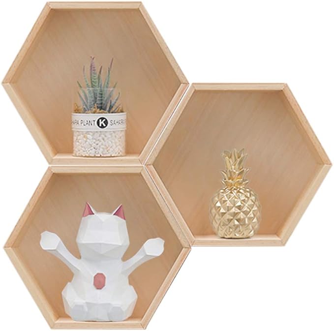 Baffect Set of 3 Hexagon Shelves Floating Box Shelf,Wooden Floating