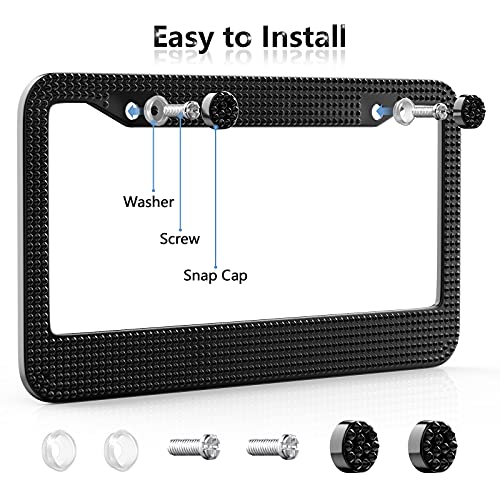 Car License Plate Frames for Women&Men, 2Pack Black Bling Rhinestone Car License Plate Cover, Sparkly Diamond Handcrafted Car Plate Holders, Waterproof Stainless Steel Universal US Car Accessories
