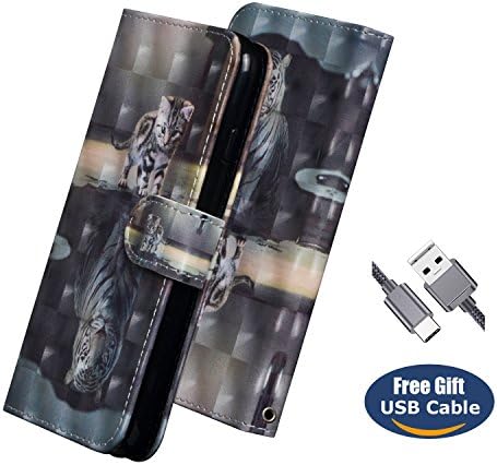 Aireratze Huawei Honor 10 case,Huawei Honor 10 cover, [Wallet Case] Premium Soft PU Leather [Smooth Glitter 3D Surface Cute Animal] Case Slim Flip Skin Cover for Huawei Honor 10(Tiger Cat)+USB cable