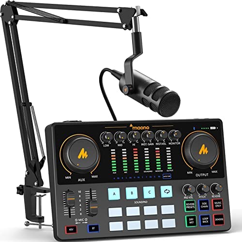 MAONO Mezclador Interfaz Audio de 10 Canales con Micrófono Dinámico XLR, Caster Podcast Kit con Preamplificador Profesional, 48V, Bluetooth para Podcast, Stream, TikTok, PC, Celular(AME2C Pro)