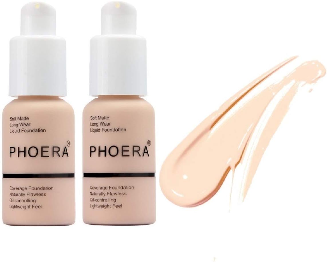 2 Pack Matte Oil Control Concealer Foundation Cream,PHOERA New 30ml Long Lasting Waterproof Matte Liquid Foundation (101 Porcelain)