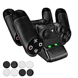 Pecham DualShock 4 Dual Charging Station – PS4/PS4 Slim Controller Charger Dock – Modern Design & LED Indicator – USB Cable & 8 Thumb Grips for Joysticks Included – Black