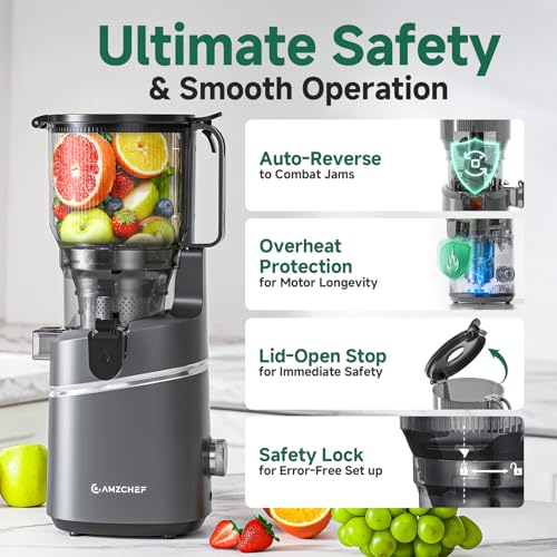 AMZCHEF Cold Press Juicer with 165mm Large Feed Chute, Slow Masticating Juicer for Whole Fruits & Vegetables, Triple Filter, Copper Motor, High Juice Yield, Easy to Clean, Grey
