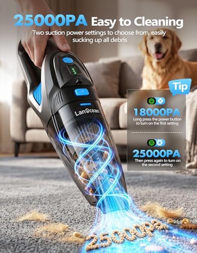 LanOcean Aspirador de Mano Potente con Estación de Carga, 25000Pa Aspirador Coche con Iluminación LED | 2 Filtro HEPA Lavable, 120W Húmedo y Seco Mini Aspiradora Portatil para Coche Hogar Cocina