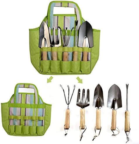 Garden Tools Set 7 Piece with Tote Bag Including Weeder, Rake, Trowel, Transplanter, Cultivator, Garden Tote Bag and Gloves Heavy Duty Cast-aluminum with Ergonomic Wood Handles (Light Green)