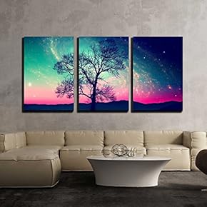 3 Piece Canvas Wall Art - Red Alien Landscape with Alone Tree Over The Night Sky with Many Stars - Modern Home Art Stretched and Framed Ready to Hang - 16"x24"x3 Panels