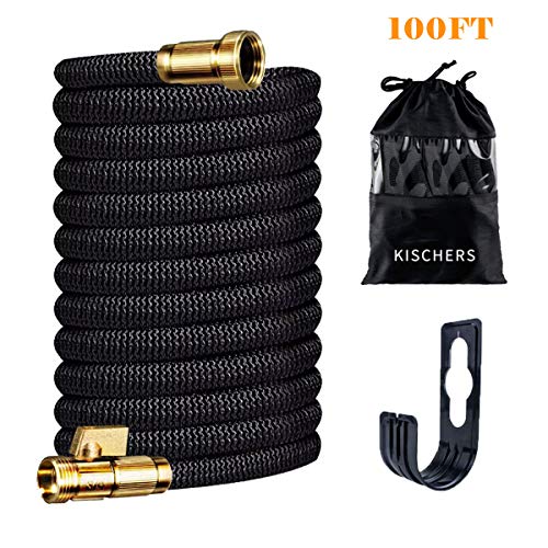 KISCHERS Expanding Garden Hose 100 ft Anti-Burst Expandable Water Hose Pipe with 3-Layers Natural Latex Core, 3/4 Solid Brass Fittings with Storage Bag & Hook Black