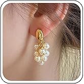 Yheakne Vintage Grape Pearl Drop Earrings Gold Cluster Pearl Dangle Earrings Pearls Bead Tassel Earring Wedding Bridal Cluster Pearls Earring Jewelry for Women