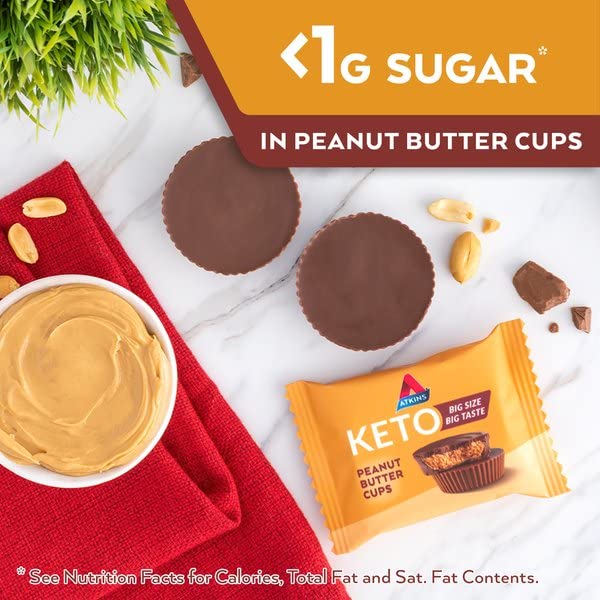 ATKINS KETO PEANUT BUTTER CUPS, NATURALLY FLAVORED, ZERO GRAMS ADDED SUGAR, GLUTEN FREE, 20 COUNT