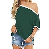 LEEDYA Off The Shoulder Tops for Women Summer Sexy Short Sleeve Color Block T-Shirts Casual Oversized Batwing Tunic Top