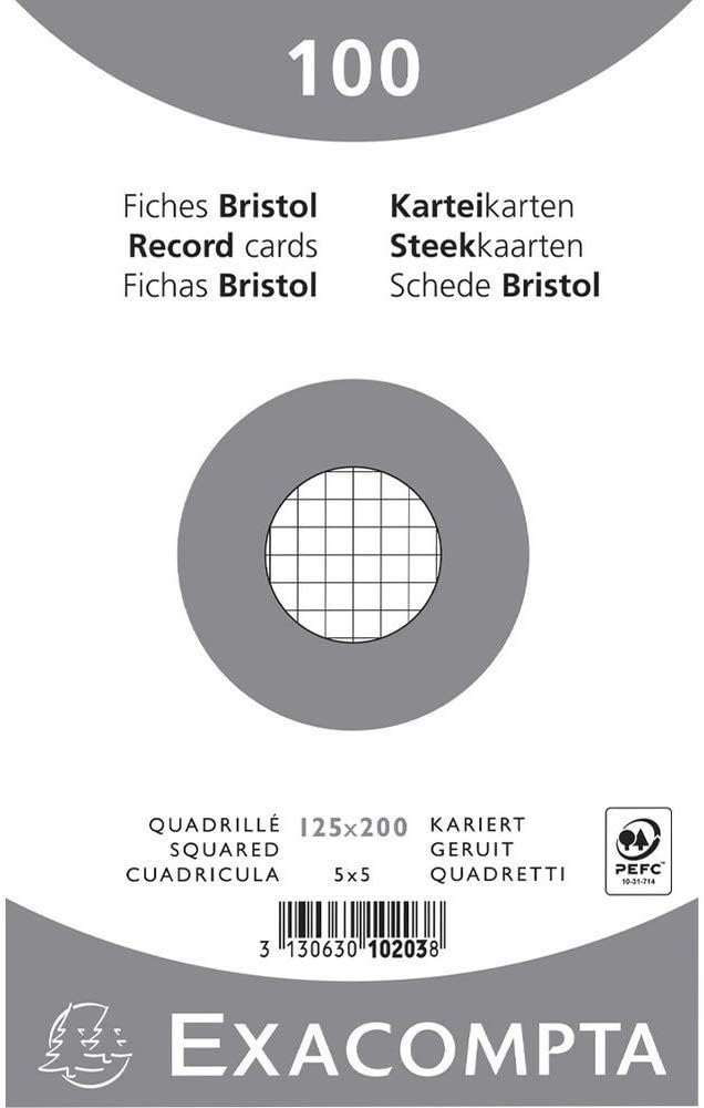 Exacompta - Ref 10203E - Bristol Squared Record Cards (Pack of 100) - 125 x 200mm in Size, 205gsm Card, Compatible with Printers - Suitable for Exam Revision & Notes - White