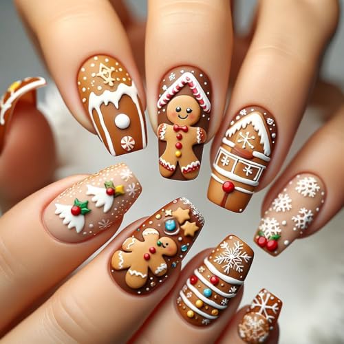 Christmas Cute Cartoon Nails Press on Nails Medium Square Fake Nails with Snowflake Candy Canes House Gingerbread Man Designs Acrylic False Nails Xmas Winter Glue on Nails for Women and Girls 24Pcs