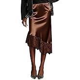 Women Silk Satin Half Slip Long Skirts Lace Trim Asymmetrical Maxi Skirt Elegant Silky Flowy A Line Midi Skirts