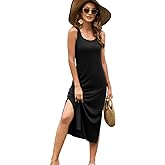 Naggoo Women's Sleevelee Tank Dress Midi Summer Casual Scoop Neck Basic Split Maxi Tshirt Sundresses with Pockets