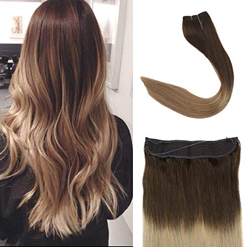 Full Shine 16 inch 100% Real Human Hair Ombre Color #4 Fading to Color #27 Honey Blonde Fish Line Hair Extensions No Glue No Clips Invisible Wire Hairpiece 80g Per Set