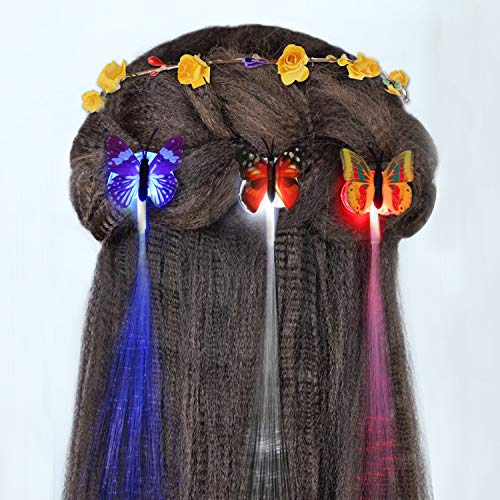 LED Flower Crowns Lights Hair, JUSTDOLIFE 14 Pack LED Flower Wreath Headband with Light-Up Fiber Luminous Butterfly Flash Braid Hairpin for Girls Bar Party Wedding Holiday
