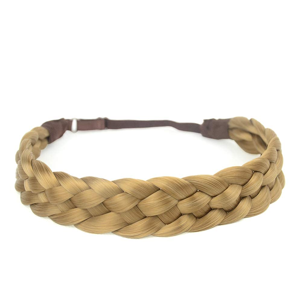 BOBIYA 5 Strand Synthetic Hair Braided Headband Classic Chunky Wide Plaited Braids Elastic Stretch Hairpiece for Women Girl (Honey Blonde)