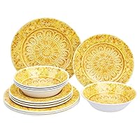 Amazon Basics Melamine Dinnerware Set, Service for 4, Faded Glaze Yellow - Set of 12 Amazon Basics Melamine Dinnerware Set, Service for 4, Faded Glaze Yellow - Set of 12