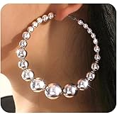 Gold Extra Large Hoop Earrings for Women,Round Metal Ball Beaded Dangle Earrings,Geometric Big Hoops Hanging Earrings Boho Vocation Everyday Jewelry