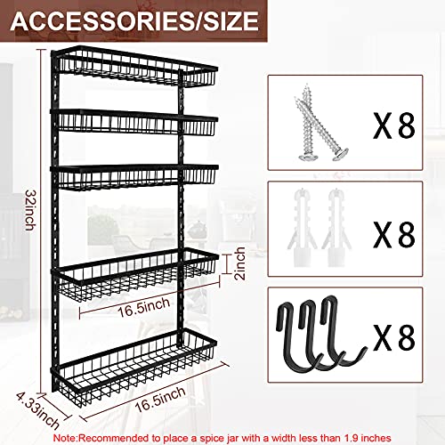Wall Mount Spice Rack Organizer, 5 Tier HeightAdjustable Hanging Spice