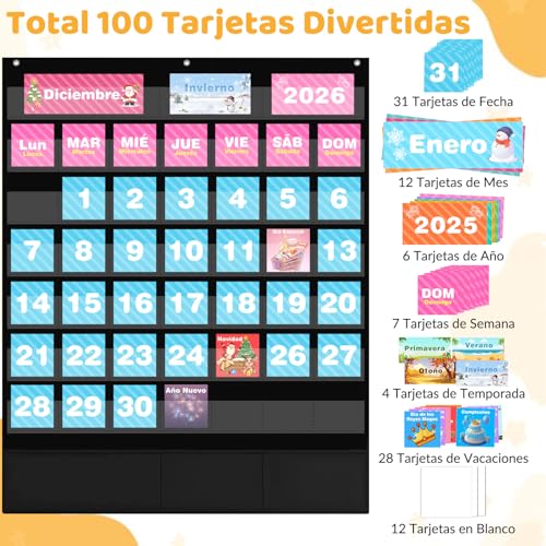Calendario para Niños, Calendario Diseñado para México con 100 Tarjetas de Actividades, Tamaño 61x72 CM, Material Didáctico Preescolar, Aprendizaje Temprano, Decoración de Aula, Adecuado para Uso Doméstico y Escuela