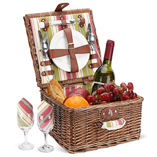 ZORMY Picnic Basket for 2 Person, Durable Wicker Picnic Hamper Set, Willow Picnic Basket Accessories Plates and Utensils, Perfect Wedding, Anniversary or Birthday Gift (Green Stripe)