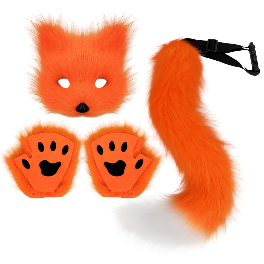 DRESHOW Faux Fur Fox Tail Fluffy Cat Wolf Cosplay Costume Plush Mask Paw Gloves Set Halloween Christmas Party for Women — image 1