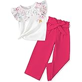 FJLSJSW Toddler Kid Girl Clothes Casual Ruffle Sleeve Floral Printed Top Solid Pants with Belt 3PC Outfit Set