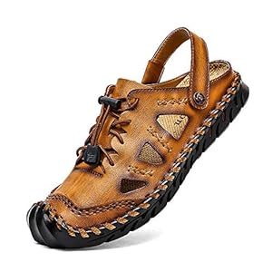 Mens Outdoor Sandals Hiking Camping Sandals Genuine Leather Fisherman Shoes(Glod-US11.5)