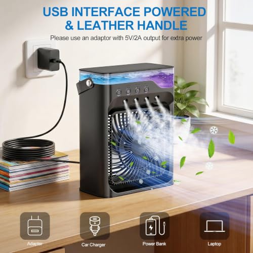 Portable air Conditioners, Personal Cooling Fan with 120° Oscillation, 3 Wind Speed & 4 Sprays, 2/4/6/8H Timer, Multi-Color Light, 3 in 1 Personal Small Mini Air Conditioner Air Cooler for Room