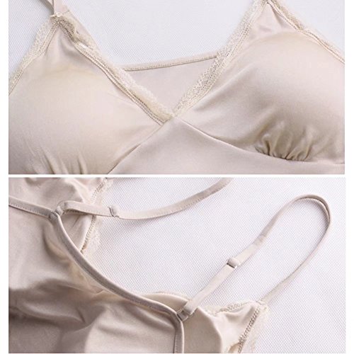 100% Mulberry Silk Long Spaghetti Strap Full Slips Dresses Built-in-Bra Removable Cup Camisole Under Dress Liner,Nude,US M