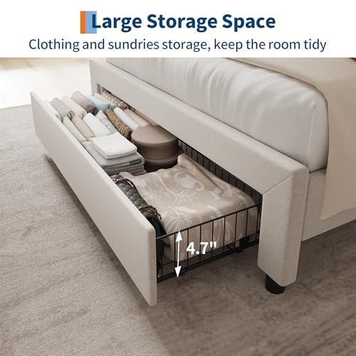 Twin Size Upholstered Bed Frame with Storage Headboard and Charging Station, Platform Bed Frame with Metal Drawers, Heavy Duty, No Box Spring Needed, Easy Assembly, Beige