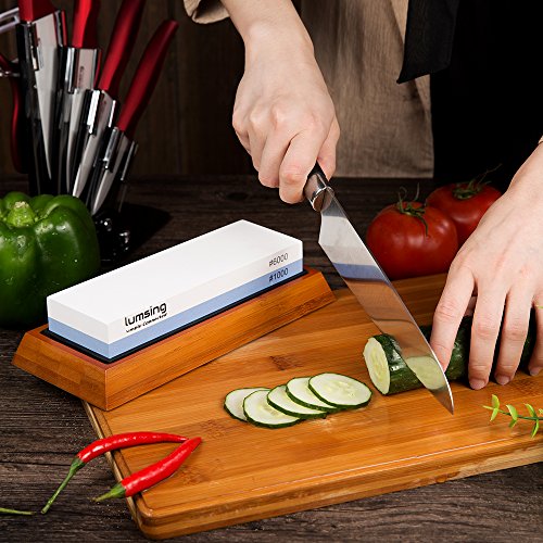 Lumsing Sharpening Stone, Knife Sharpener, Sharpener Knife Stone, Whetstone Sharpener with Non-Slip Bamboo Base & Angle Guide, 1000/6000