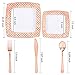 WDF 125PCS Rose Gold Plastic Plates with Disposable Plastic Silverware,Diamond Square Plastic Tableware include 25 Dinner Plates,25 Salad Plates,25 Forks, 25 Knives, 25 Spoons