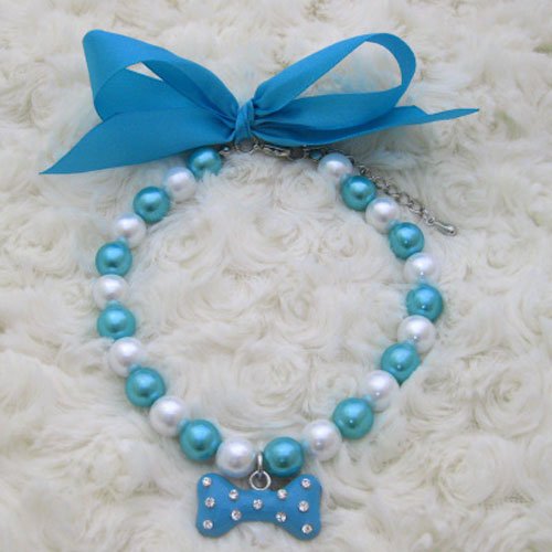 PetFavorites™ Fancy Diamond Dog Necklace Jewelry with Bling Pearls Rhinestones Bone Charm for Pets Cats Small Dogs Girl Teacup Chihuahua Yorkie Clothes Costume Outfits (Blue, Neck Size: 8")