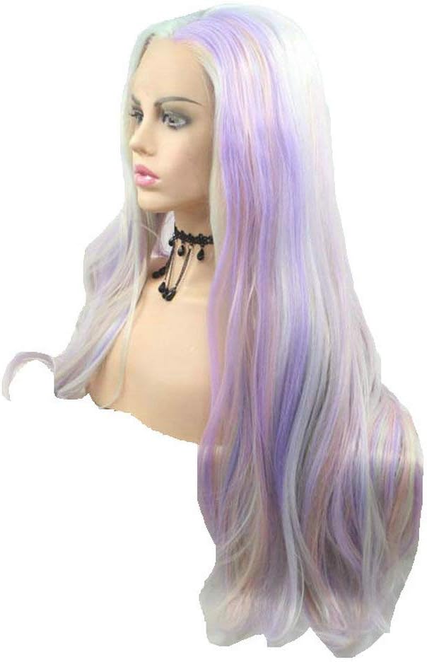 SERENEWIG Long Loose/Water Wave Synthetic Lace Front Wigs for Women Heat Resistant Fiber Hair Natural Hairline Daily Cosplay Party Use (Pastel Pink Purple Colorful) - Image 3