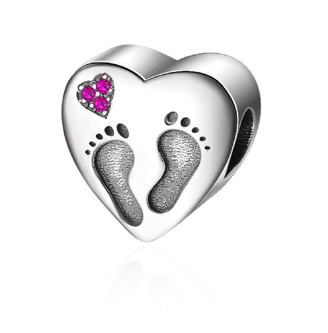 FeatherWish New Baby Girl Love Heart Charm Footprints Pink Family Friend Bead 925 Sterling Silver Fits And Compatible With Pandora Bracelets Gift For Mum Sister Daughter Wife (Pink Footprints)