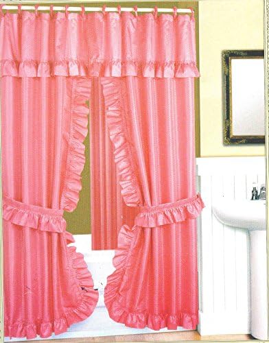 DOUBLE SWAG FABRIC SHOWER CURTAIN, LINER, RINGS, DOBBY DOT DESIGN (Rose Pink)